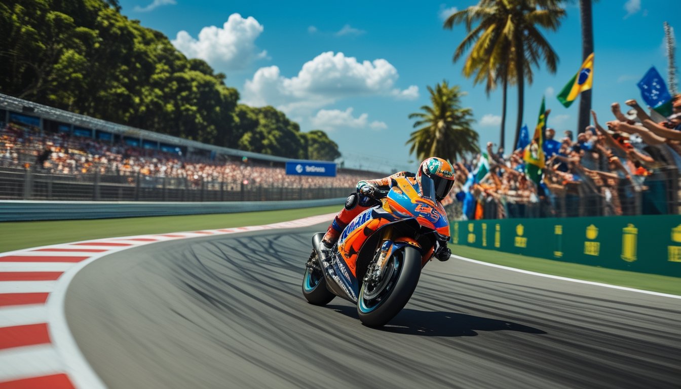 Sepeda motor balap MotoGP sedang melaju cepat di lintasan balap dengan latar pepohonan tropis dan penonton yang melambaikan bendera Brasil.