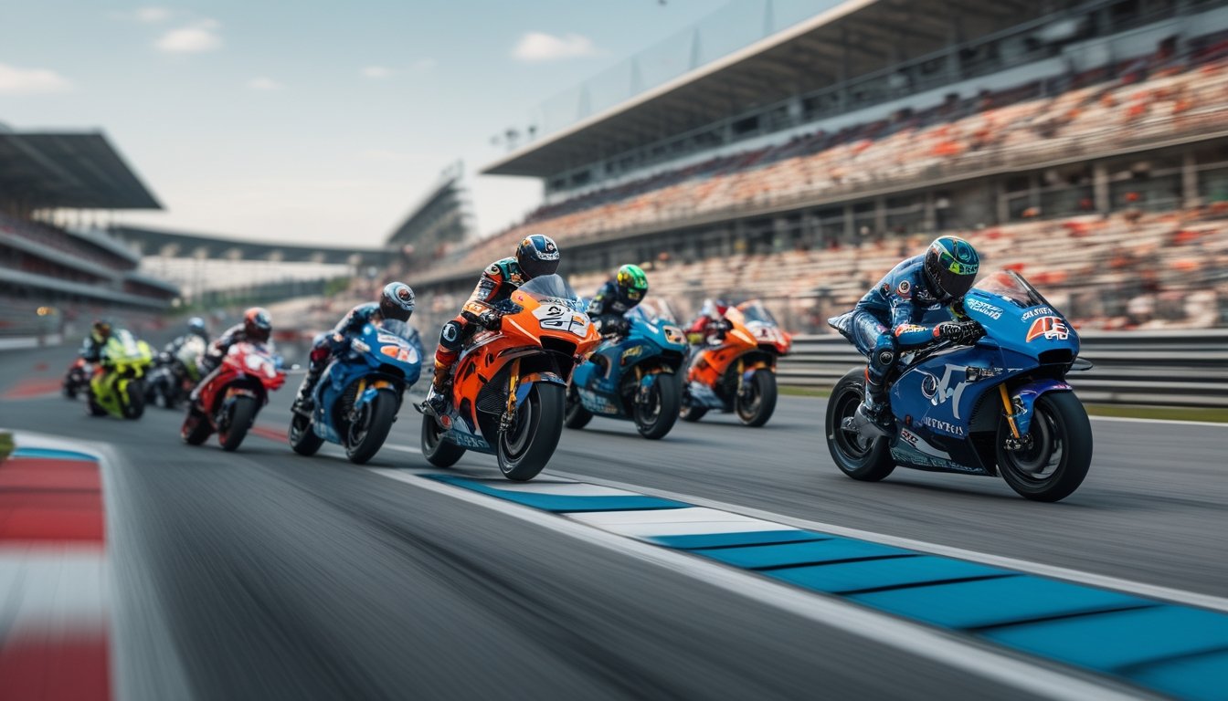 Beberapa pembalap MotoGP sedang balapan di sirkuit modern dengan penonton di tribun dan langit cerah.