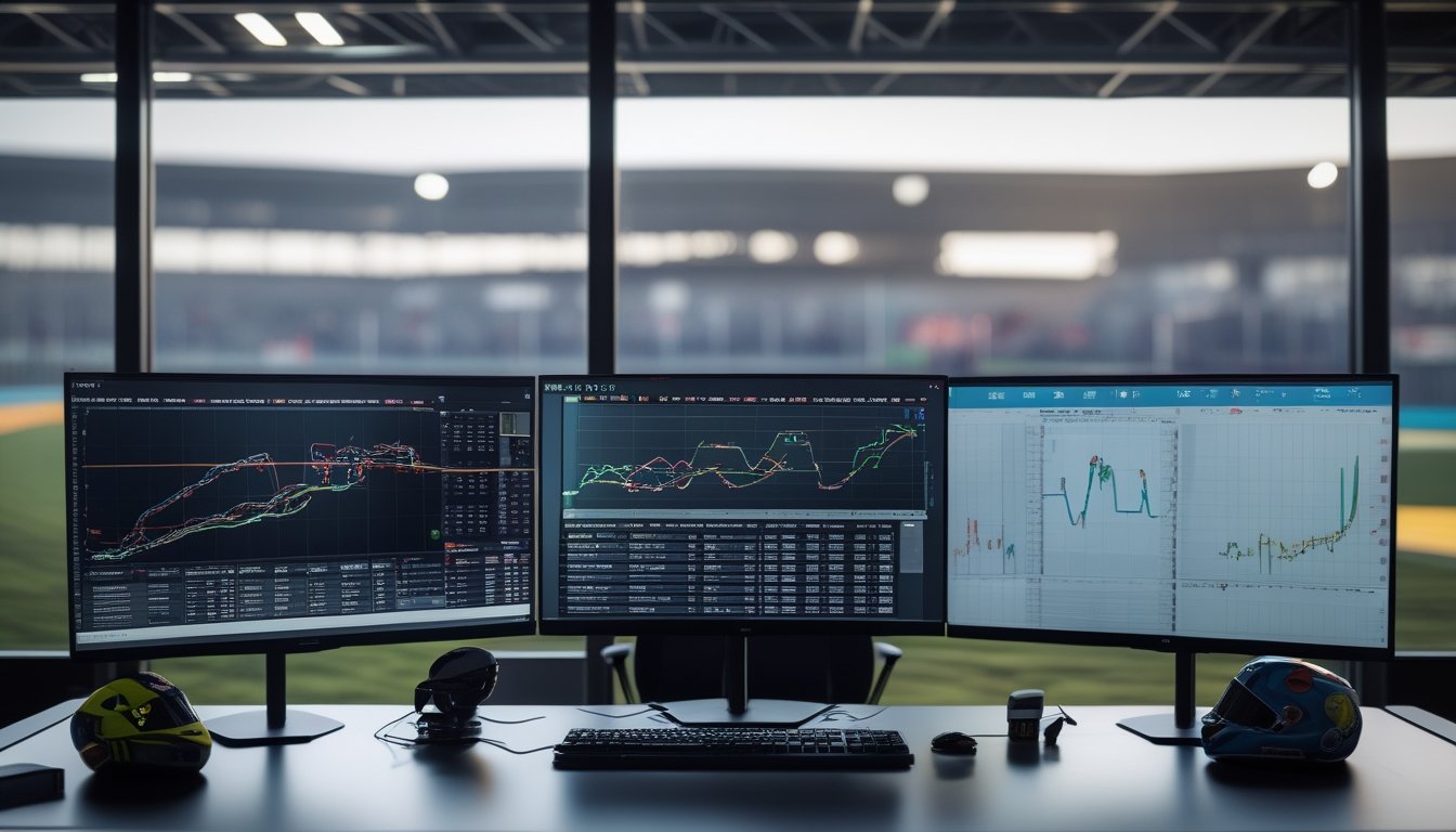 Meja kerja modern dengan beberapa monitor yang menampilkan grafik dan data analisis performa pembalap MotoGP, dengan latar belakang jendela yang memperlihatkan trek balap.