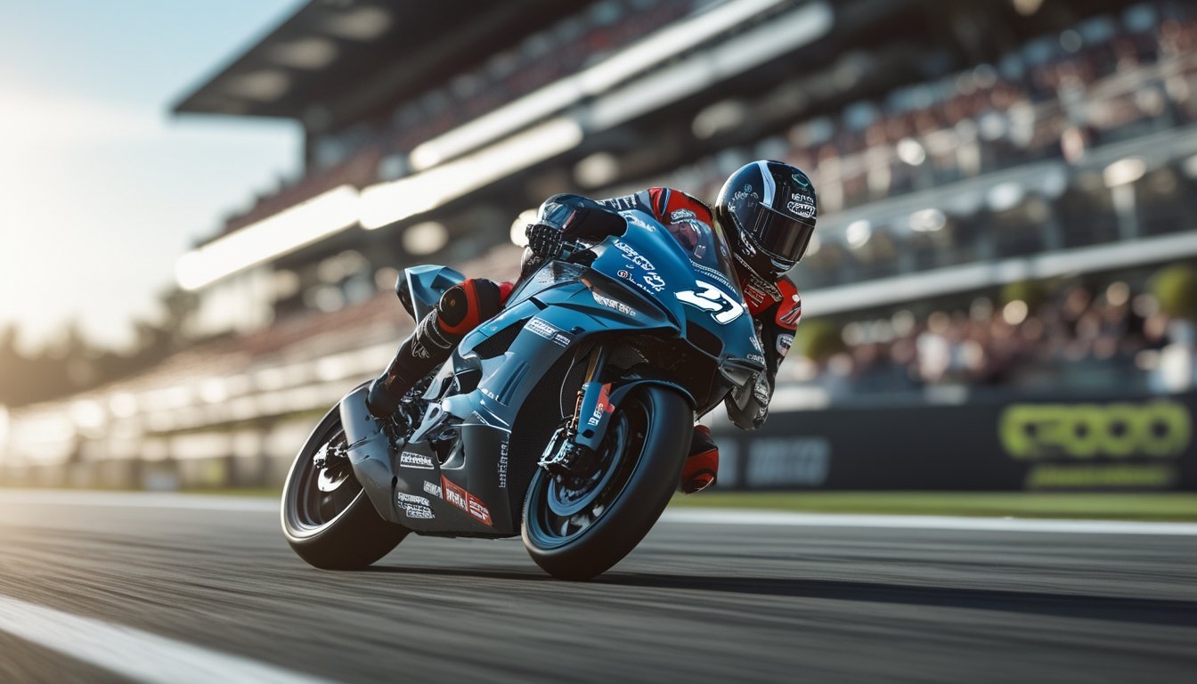 Sepeda motor balap MotoGP melaju cepat di lintasan dengan pembalap sedang membelok tajam, latar belakang tribun penonton penuh semangat.