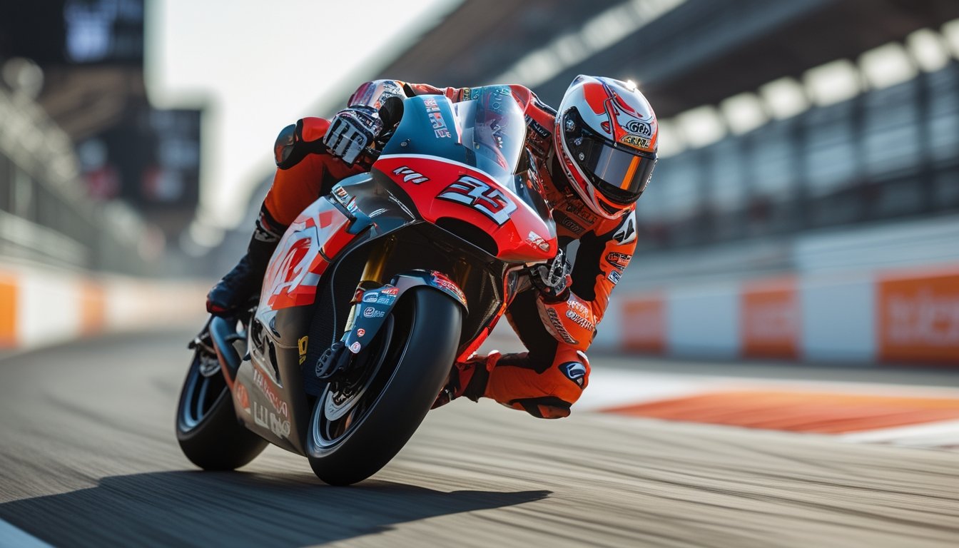 Sepeda motor balap MotoGP 1000cc dengan pembalap sedang menikung tajam di lintasan balap modern.