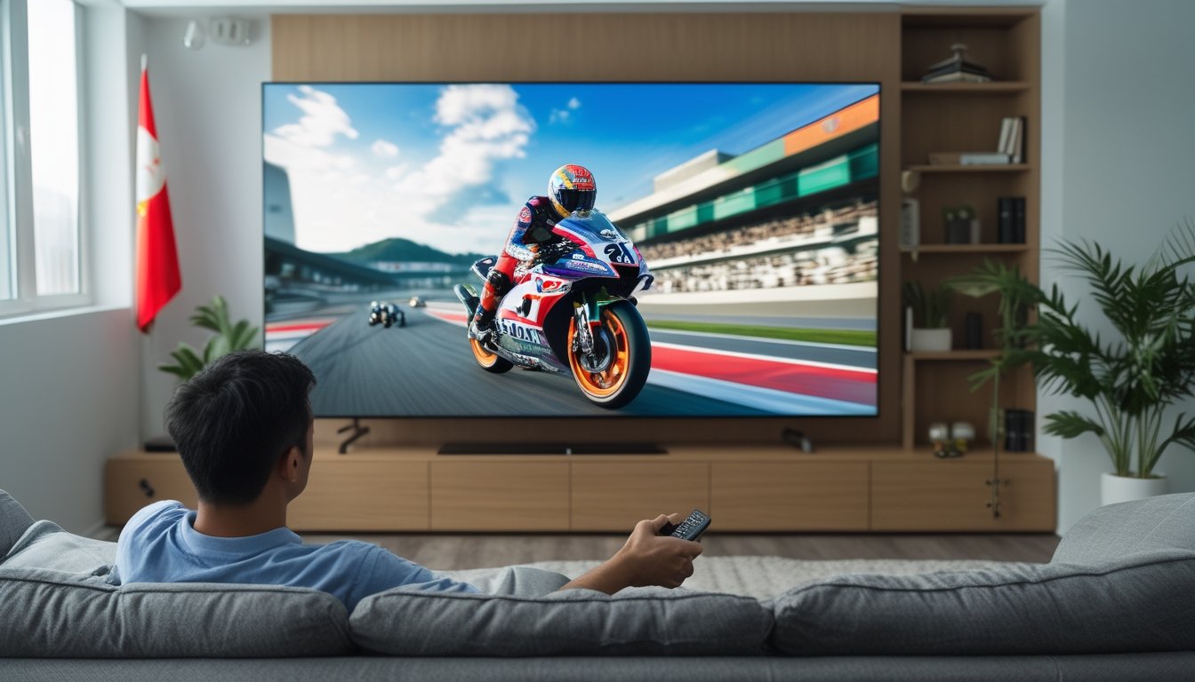 Seorang pria Indonesia menonton siaran langsung balapan MotoGP di televisi di ruang tamu yang nyaman.