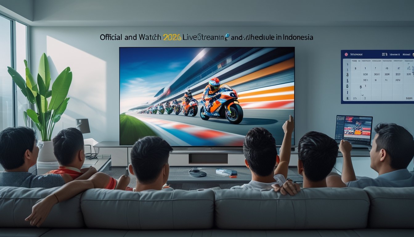 Sekelompok orang menonton balapan MotoGP secara langsung di ruang tamu dengan layar TV besar dan suasana yang antusias.