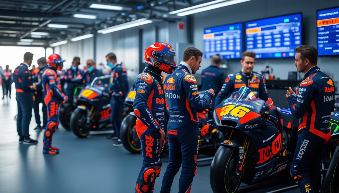 Tim balap MotoGP sedang berdiskusi dan mempersiapkan motor di garasi balap dengan peralatan modern dan suasana sibuk.