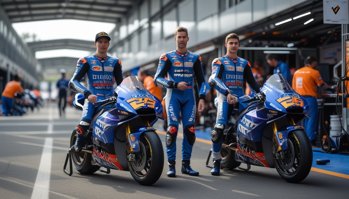 Beberapa pembalap MotoGP dengan perlengkapan lengkap berdiri di samping motor balap di dalam garasi tim yang sibuk.