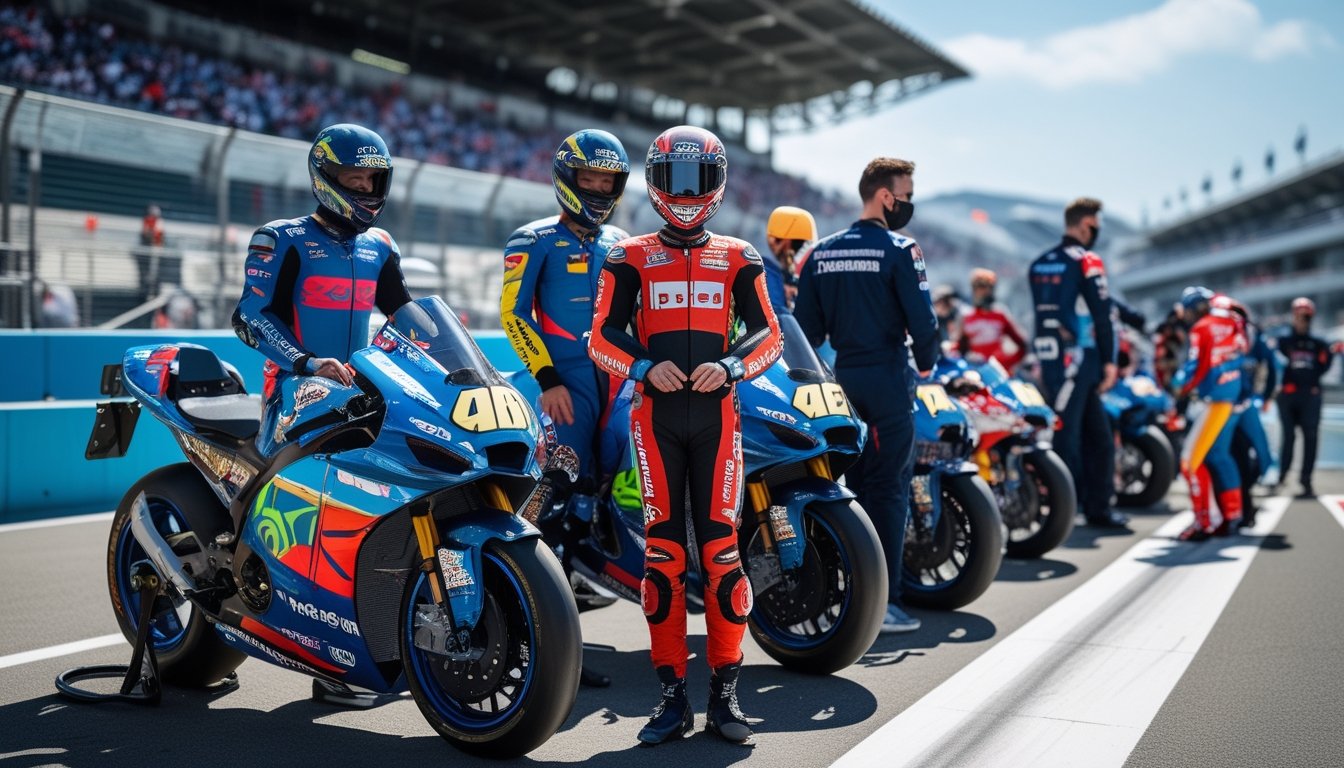 Sekelompok pembalap MotoGP berdiri di samping motor balap mereka di lintasan dengan penonton di latar belakang.