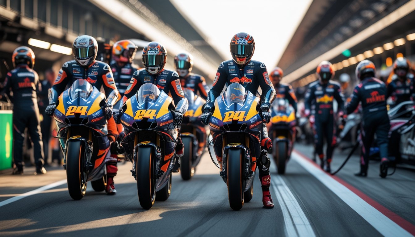 Sekelompok pembalap MotoGP dengan seragam lengkap berdiri di samping motor balap mereka di pit lane, siap untuk musim balap 2026.