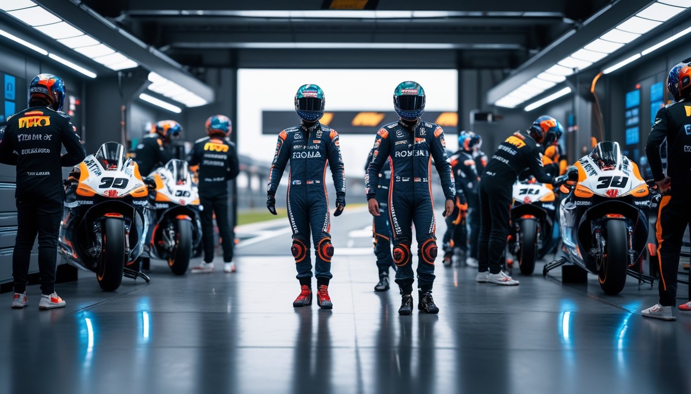 Tim balap MotoGP sedang mempersiapkan sepeda motor di garasi dengan beberapa anggota tim yang sibuk bekerja.