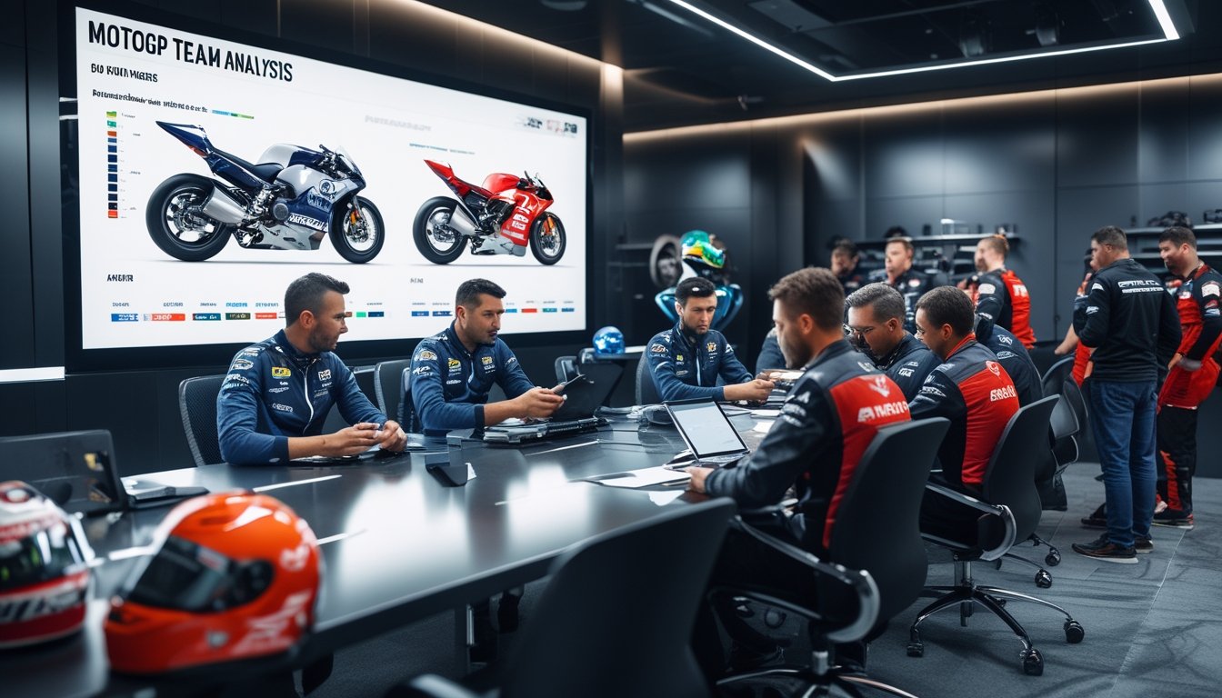 Sekelompok insinyur dan anggota tim sedang menganalisis model motor MotoGP terbaru dari Ducati, Yamaha, Honda, dan Aprilia di ruang konferensi modern.