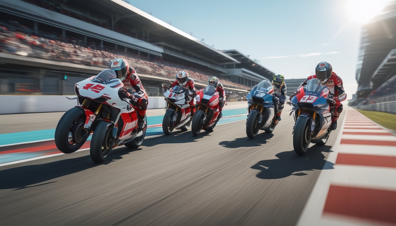 Empat motor balap MotoGP dari tim Ducati, Yamaha, Honda, dan Aprilia sedang melaju kencang di lintasan balap dengan penonton di tribun.