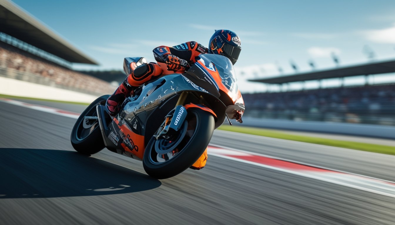 Seorang pembalap MotoGP sedang membelok dengan motor cepat di lintasan balap dengan penonton di latar belakang.