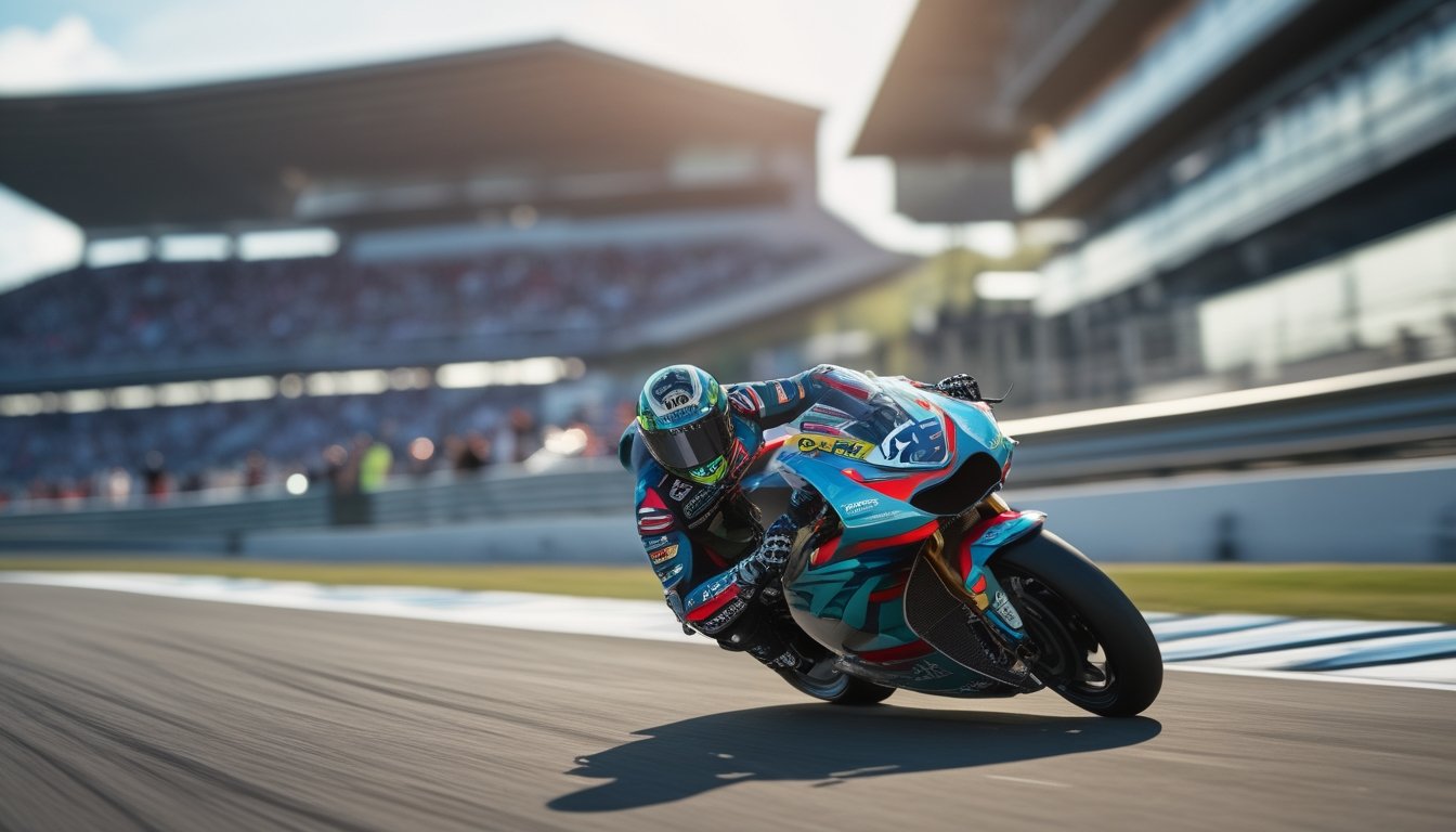 Seorang pembalap MotoGP sedang membelok tajam di lintasan dengan motor balap berdesain modern dan latar belakang tribun penonton.
