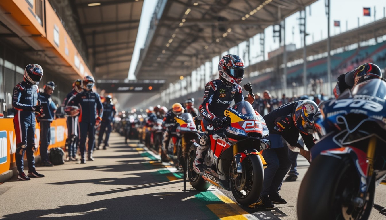Tim balap MotoGP sedang bersiap dengan motor dan perlengkapan di lintasan balap yang ramai.