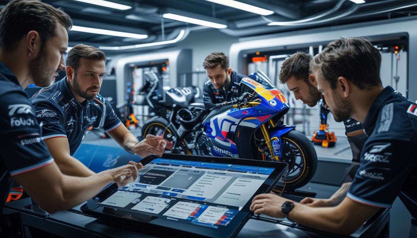 Tim balap MotoGP sedang berdiskusi dan mempersiapkan motor balap di garasi dengan peralatan teknologi tinggi.