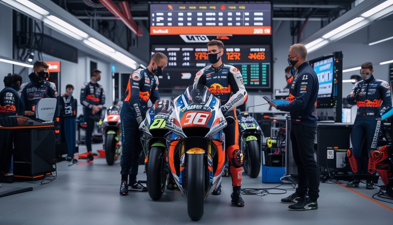 Sekelompok anggota tim MotoGP sedang mempersiapkan motor balap di garasi dengan peralatan dan layar digital, menunjukkan suasana kerja tim dan persiapan balapan.