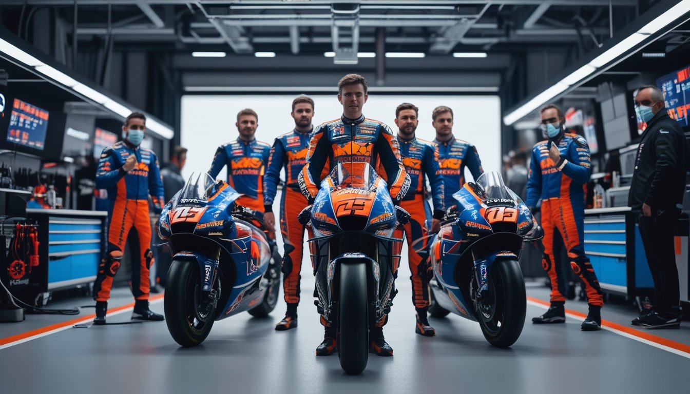 Sekelompok pembalap dan kru tim satelit MotoGP sedang bersiap di garasi pit dengan motor balap dan peralatan teknis.