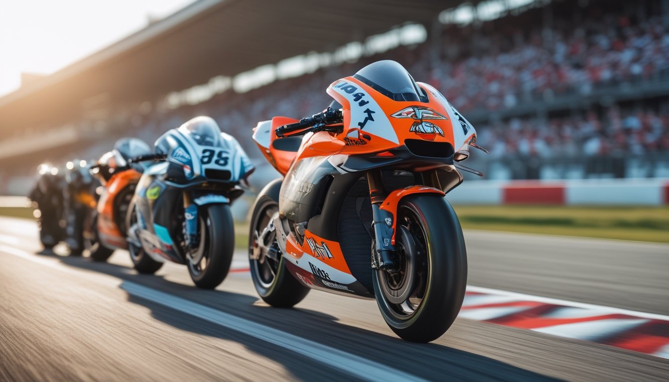 Tiga motor MotoGP modern dari pabrikan berbeda berdiri berdampingan di lintasan balap dengan latar penonton dan suasana kompetisi.