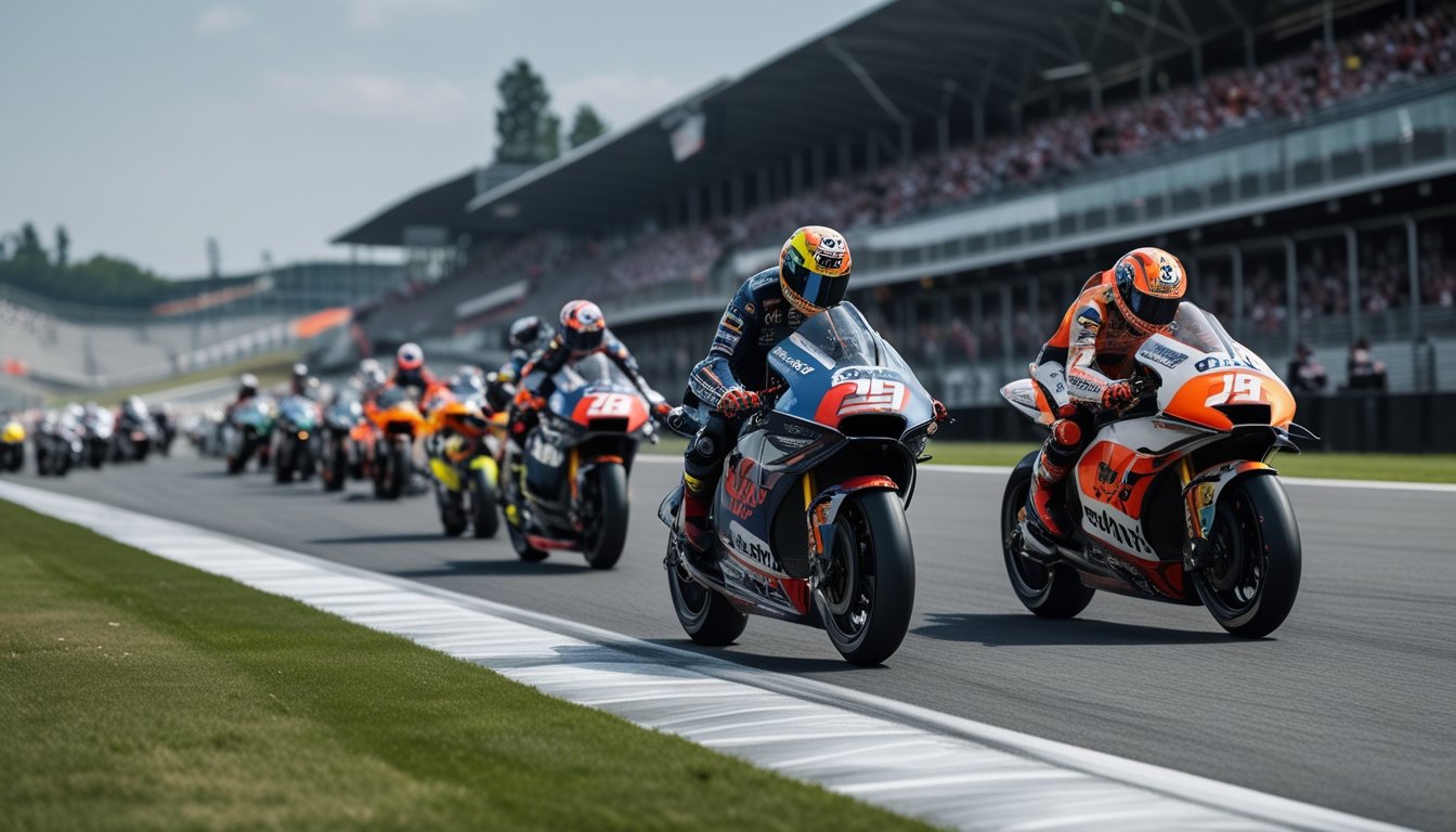 Beberapa pembalap MotoGP sedang berlomba di lintasan balap dengan motor berwarna-warni dan perlengkapan lengkap, dikelilingi oleh penonton dan kru pit.