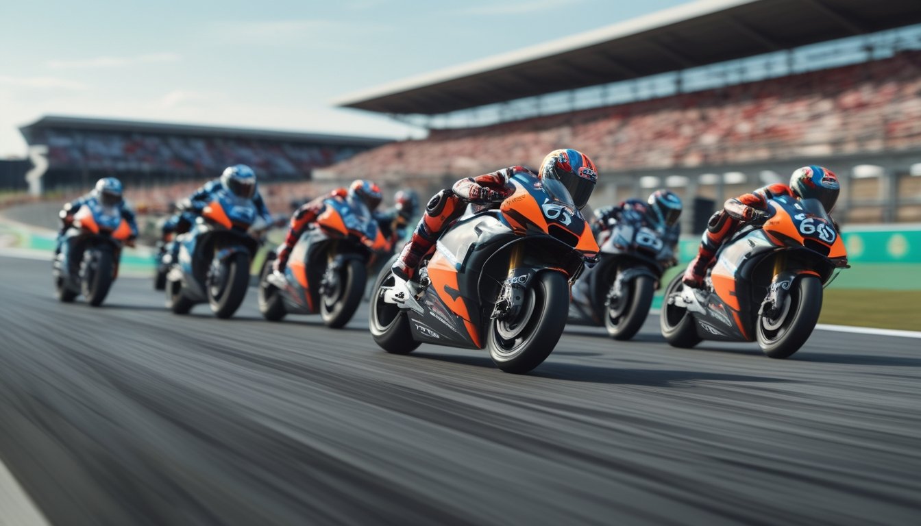 Beberapa pembalap MotoGP sedang melaju cepat di lintasan balap dengan penonton di latar belakang.