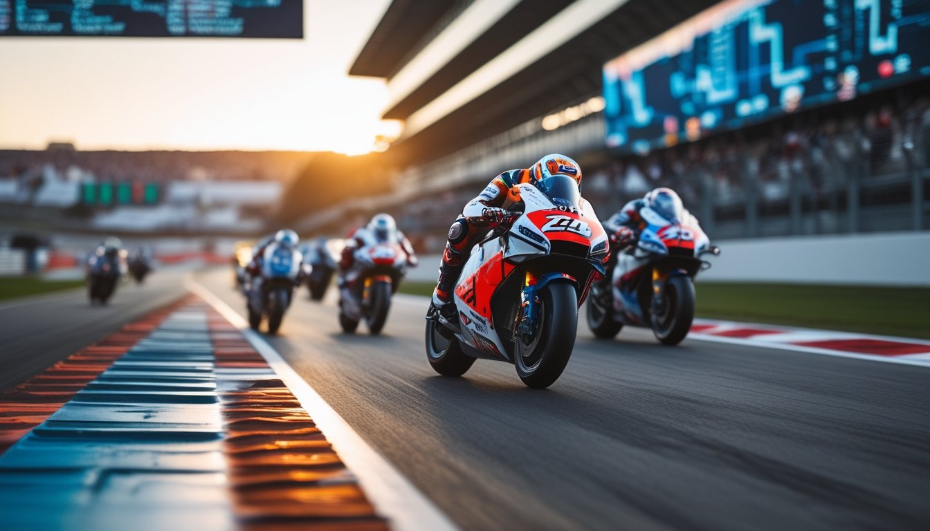 Beberapa pembalap MotoGP sedang balapan di lintasan dengan latar belakang layar digital yang menampilkan grafik dan logo tim.