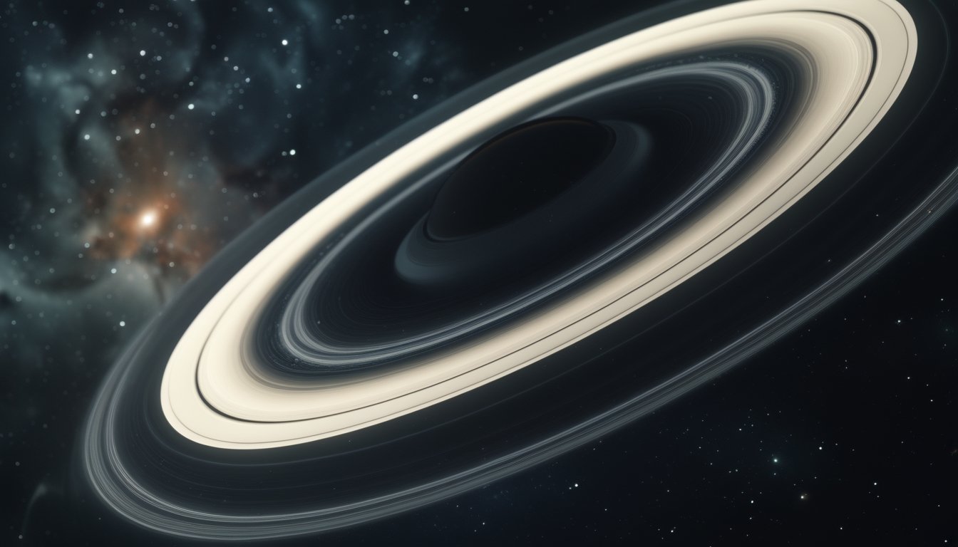 Gambaran planet Saturnus dengan cincin yang berubah dan latar belakang ruang angkasa penuh bintang.