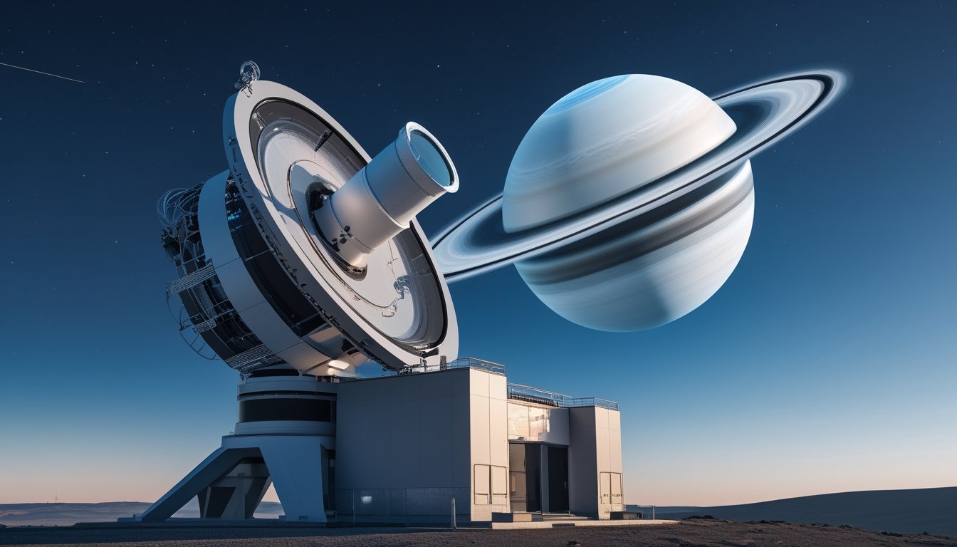 Observatorium modern dengan teleskop besar mengamati planet Saturnus yang terlihat jelas di langit malam.