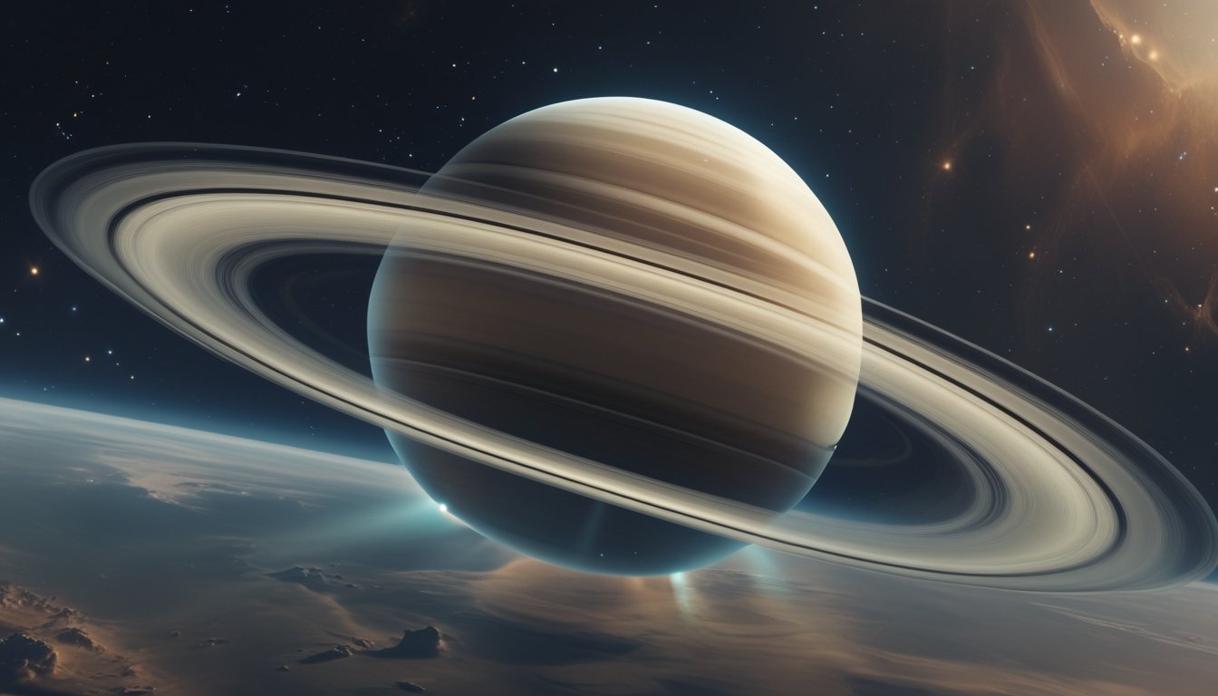 Gambaran planet Saturnus dengan cincin yang jelas dan aktivitas atmosfer seperti badai dan aurora di latar belakang luar angkasa.