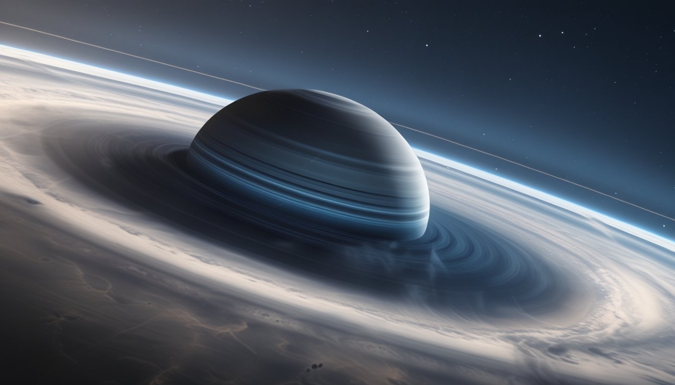 Gambar planet Saturnus dengan cincin yang jelas dan atmosfer yang dinamis di luar angkasa.