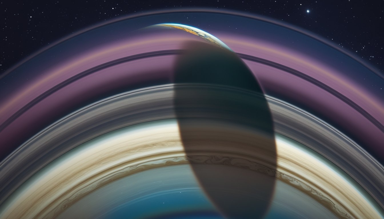 Gambaran planet Saturnus dengan cincin-cincinnya yang jelas di ruang angkasa gelap penuh bintang.