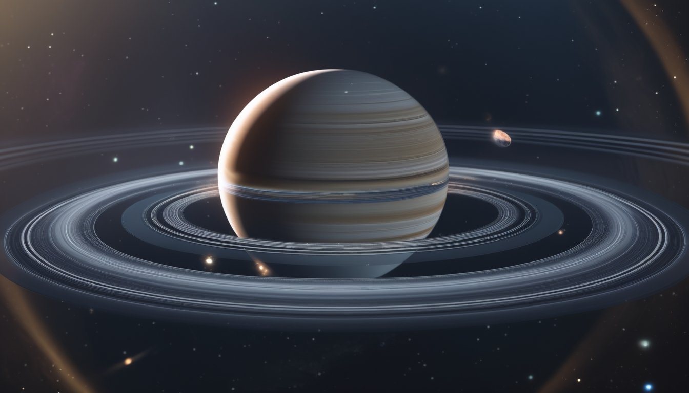 Gambar planet Saturnus dengan cincin-cincinnya yang terlihat jelas dan detail, di latar belakang ruang angkasa gelap dengan bintang-bintang.