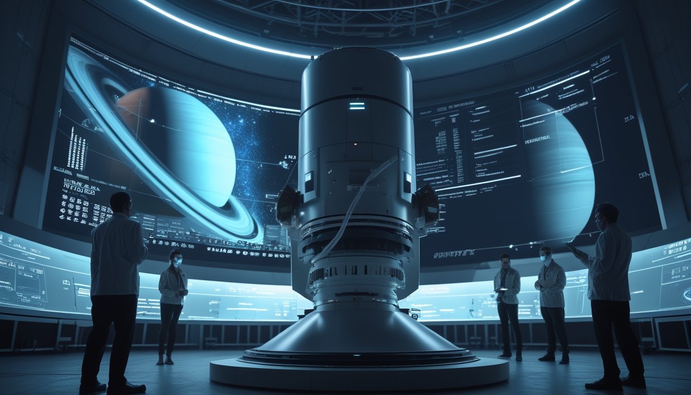 Observatorium astronomi modern dengan teleskop mengamati planet Saturnus dan layar digital menampilkan data misi antariksa NASA tahun 2026.