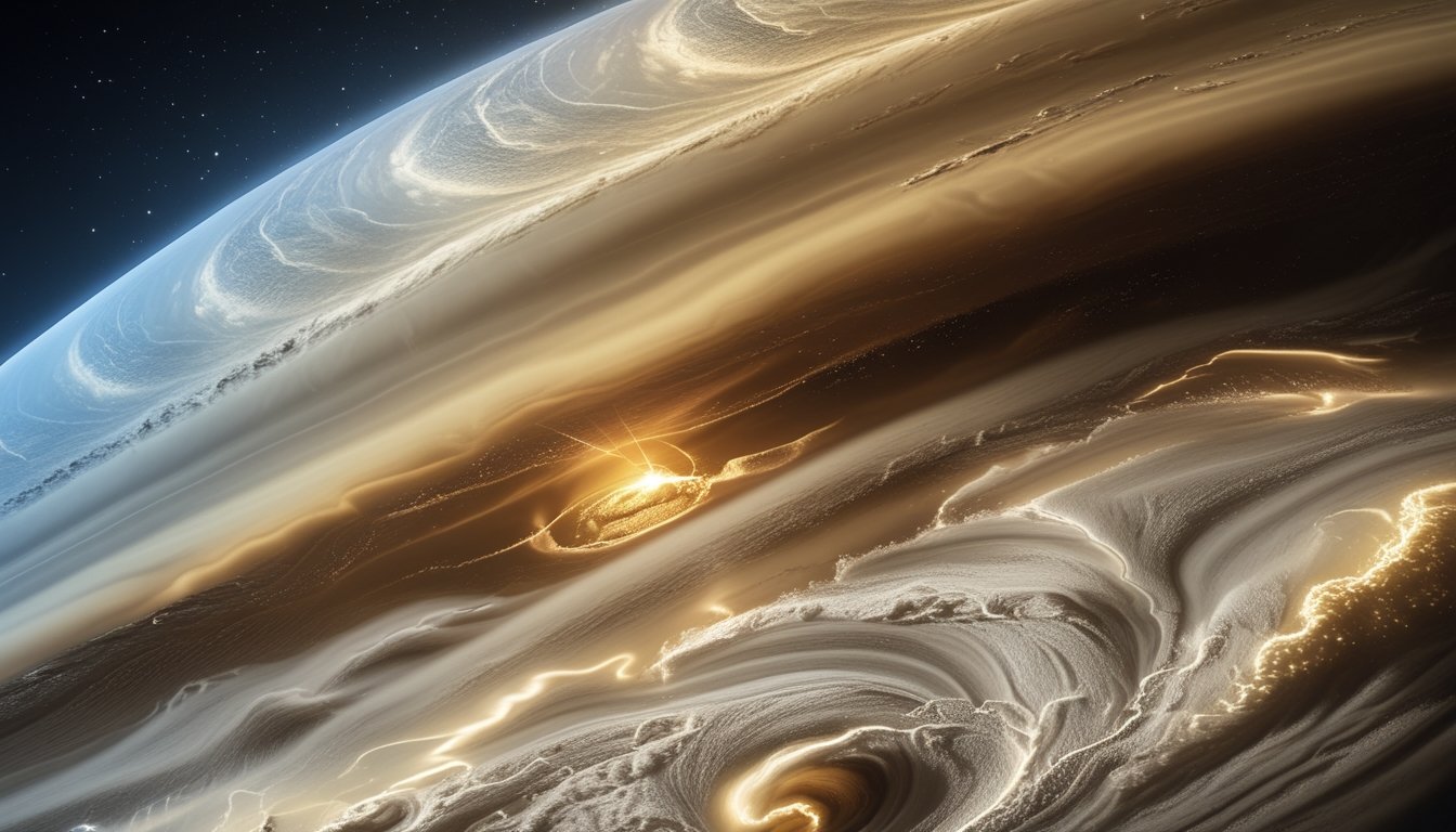 Gambaran atmosfer Saturnus dengan badai besar, awan berlapis, dan angin kencang yang terlihat berputar di sekitar planet.