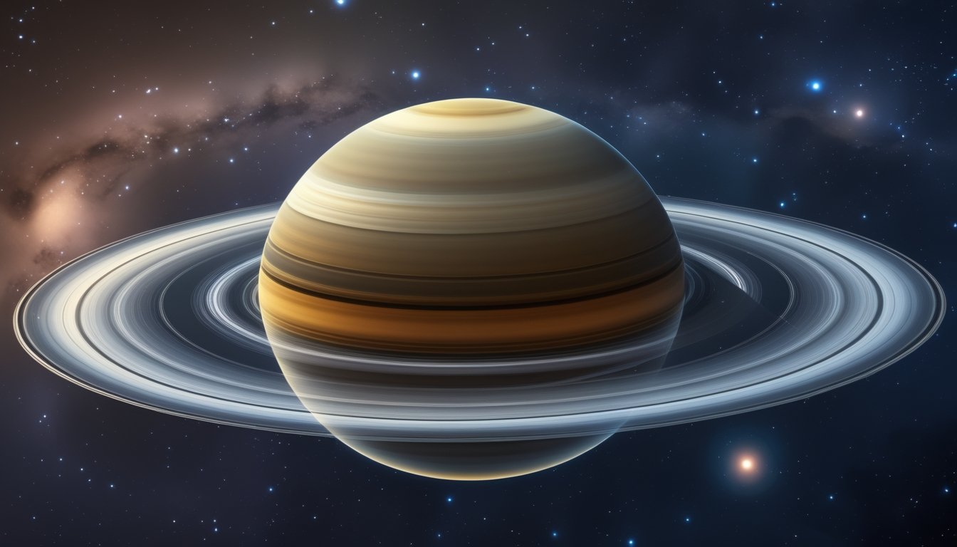 Gambar planet Saturnus dengan cincin khasnya terlihat jelas di ruang angkasa gelap dengan bintang-bintang di latar belakang.