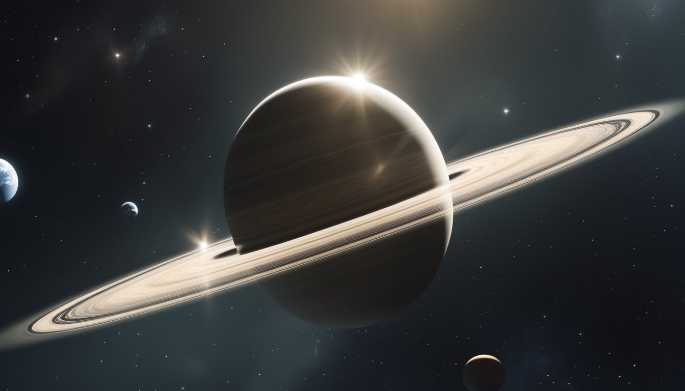 Gambaran posisi Saturnus di tata surya dengan cincin yang jelas terlihat, planet-planet lain dan matahari di latar belakang ruang angkasa.