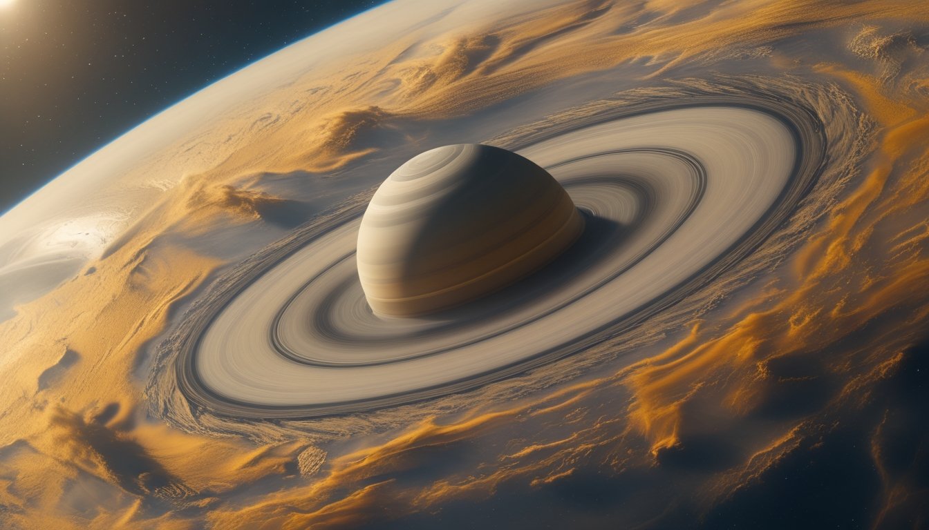 Gambaran planet Saturnus dengan cincin yang jelas dan pola awan dinamis yang menunjukkan perubahan musiman pada atmosfernya di ruang angkasa gelap.