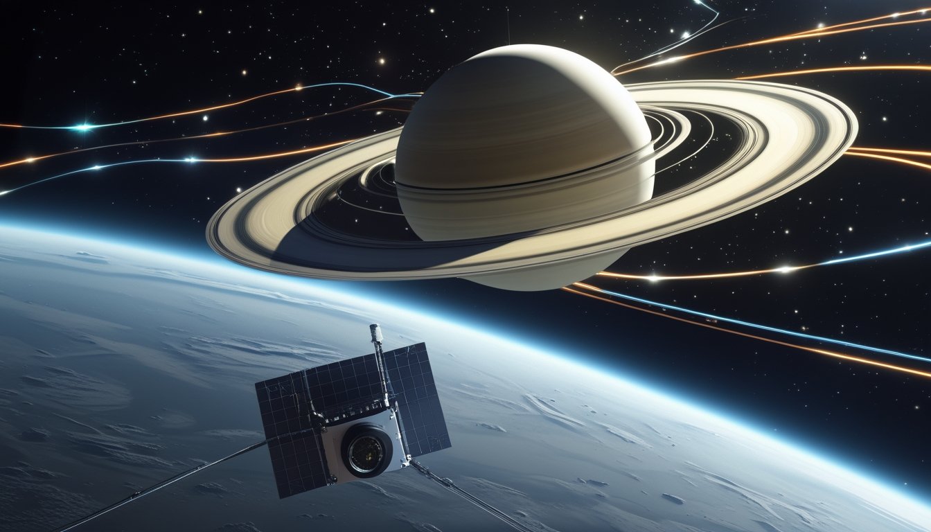 Gambaran planet Saturnus dengan cincin yang jelas dan garis medan magnet berwarna mengelilinginya, serta sebuah wahana antariksa yang sedang mempelajarinya di latar luar angkasa.