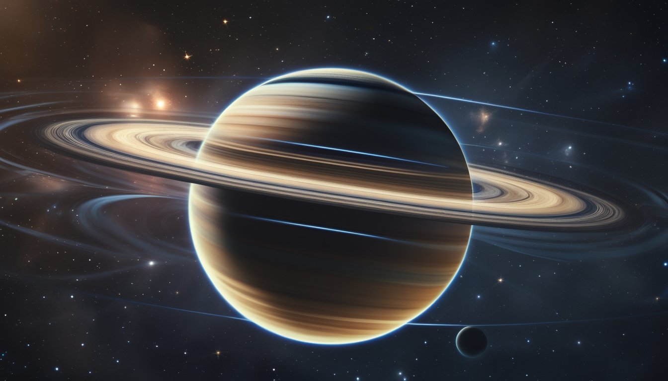 Gambar planet Saturnus dengan cincin yang jelas dan medan magnet samar di latar luar angkasa.