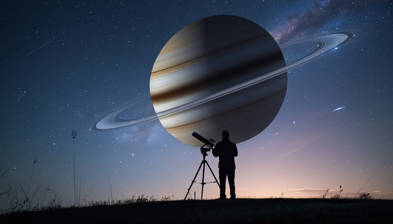 Langit malam yang gelap dengan Saturnus yang jelas terlihat lengkap dengan cincin-cincinnya, dan seorang pengamat menggunakan teleskop di bumi mengamati planet tersebut.