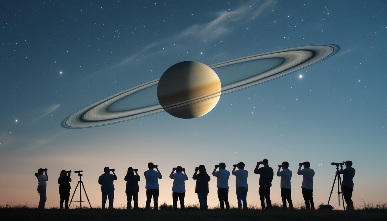 Langit malam yang jelas dengan planet Saturnus dan cincin-cincinnya terlihat terang, sementara beberapa orang mengamati dengan teleskop di luar ruangan.