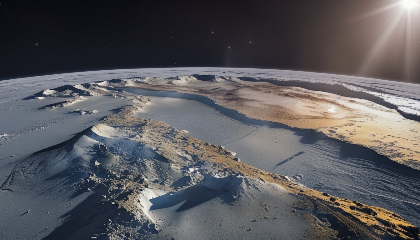 Gambaran planet kerdil Pluto dengan permukaan es dan pegunungan, di latar belakang ruang angkasa gelap dengan bintang-bintang jauh.