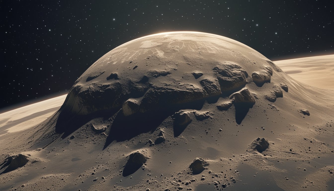 Gambaran planet kerdil Pluto di luar angkasa dengan permukaan es dan bebatuan, dikelilingi oleh kegelapan angkasa dan bintang-bintang jauh.