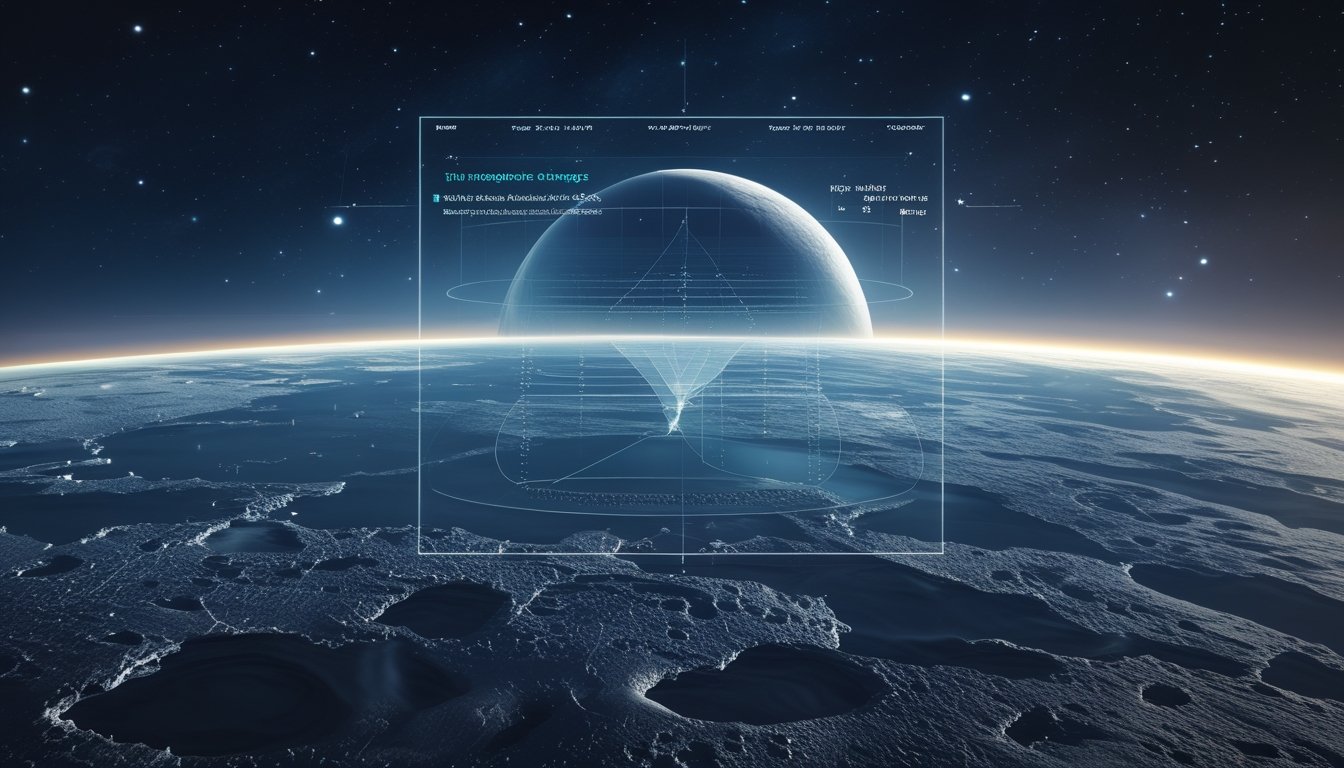 Permukaan Pluto yang berlapis es dengan atmosfer tipis yang berkilau dan latar belakang ruang angkasa gelap dengan bintang-bintang jauh.