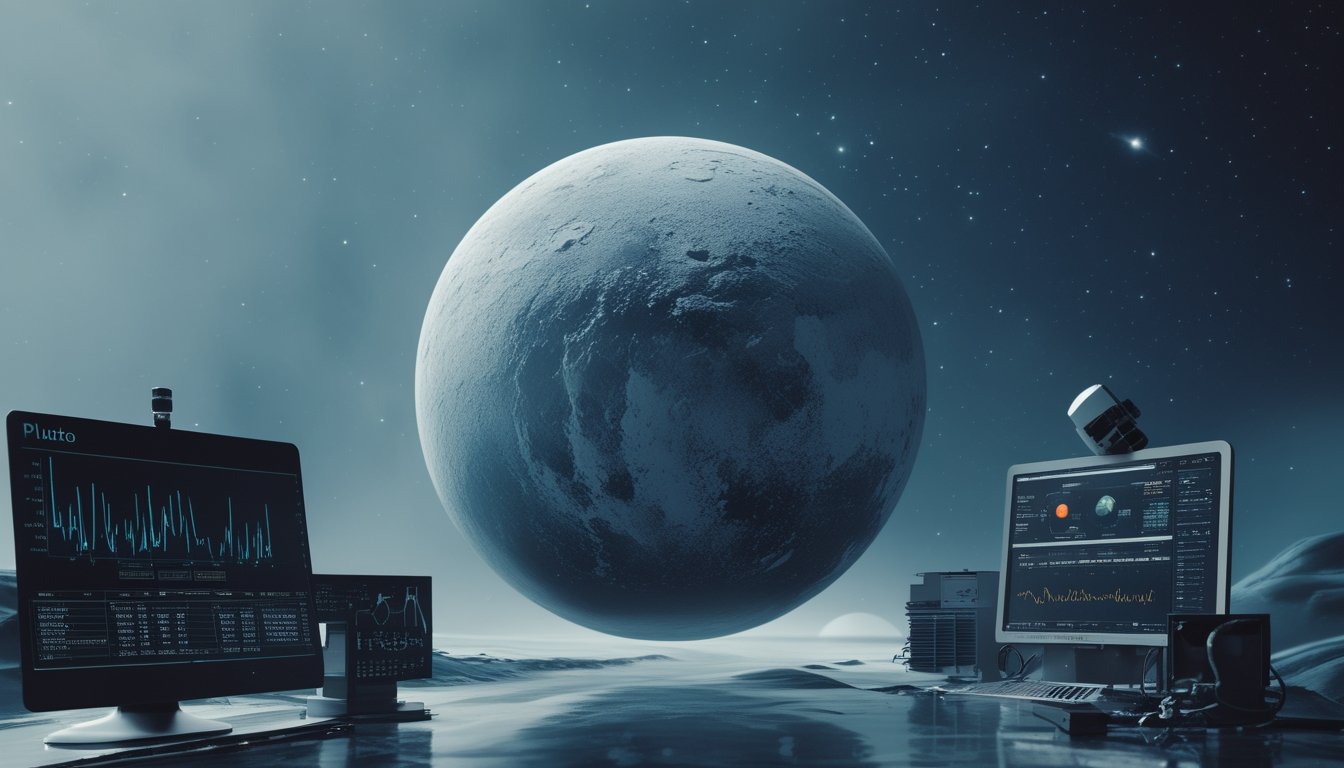 Gambaran planet Pluto dengan permukaan es yang terlihat dan atmosfer tipis, dikelilingi oleh latar belakang luar angkasa penuh bintang, dengan peralatan penelitian NASA di dekatnya.