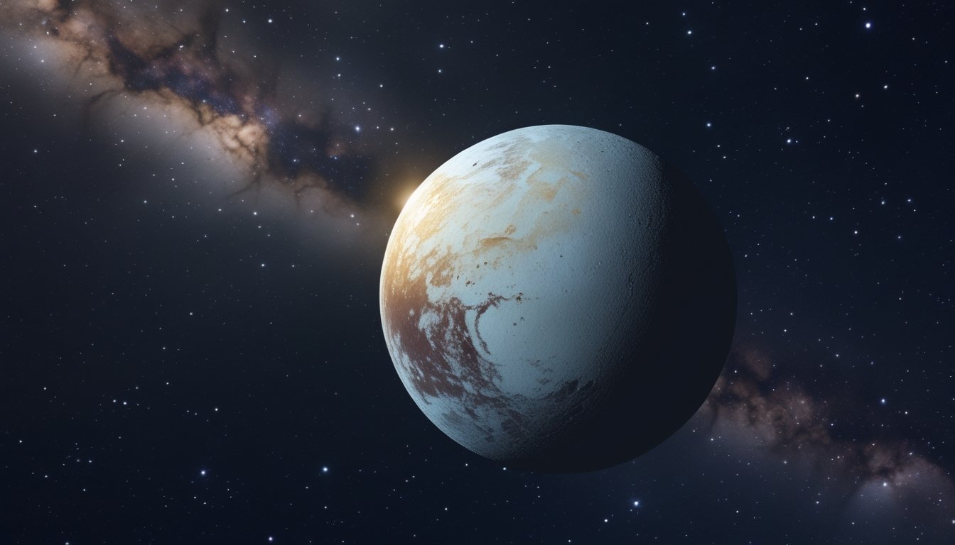 Gambaran planet kerdil Pluto di luar angkasa dengan permukaan es dan latar belakang bintang-bintang.