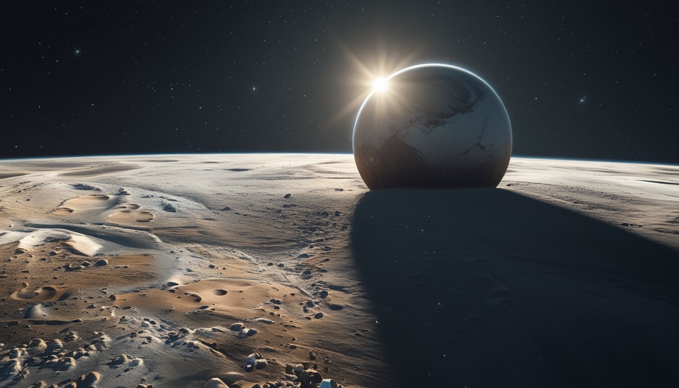 Gambar planet kerdil Pluto dengan permukaan es dan bebatuan yang terlihat jelas di ruang angkasa gelap dengan bintang-bintang di latar belakang.
