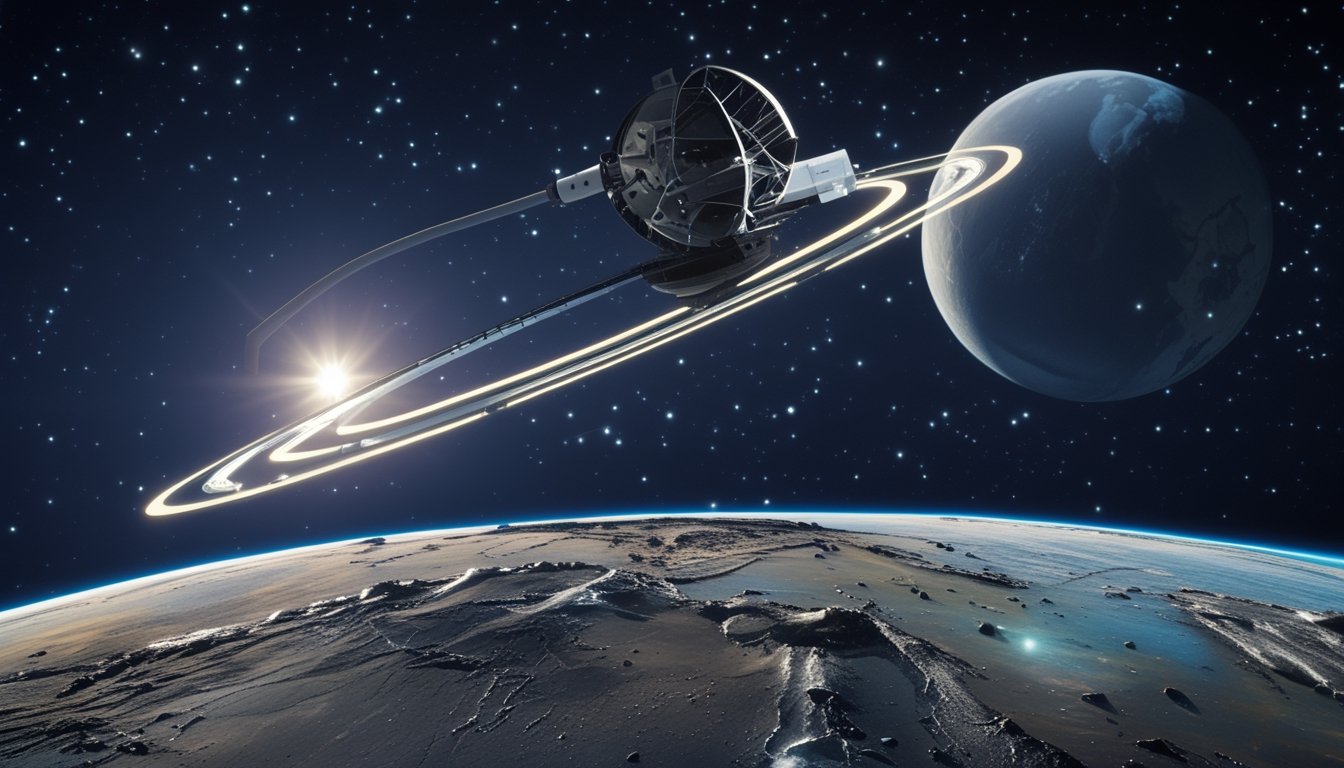 Pemandangan luar angkasa menunjukkan pesawat antariksa dan teleskop mengorbit Pluto dengan permukaan planet yang terlihat jelas dan bintang-bintang di latar belakang.