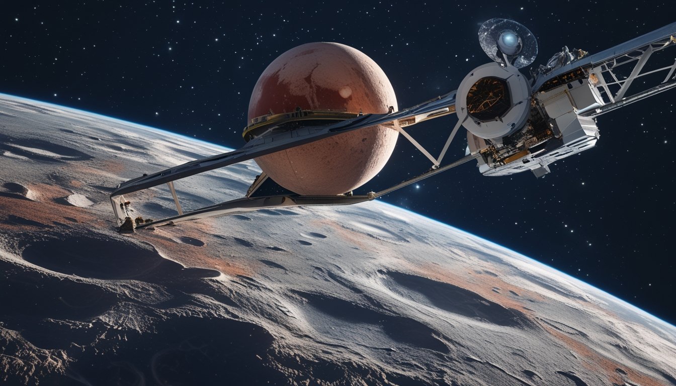 Pemandangan pesawat luar angkasa mengorbit Pluto dengan permukaan berwarna merah dan putih, serta teleskop canggih yang mengamati dari stasiun luar angkasa di latar belakang.