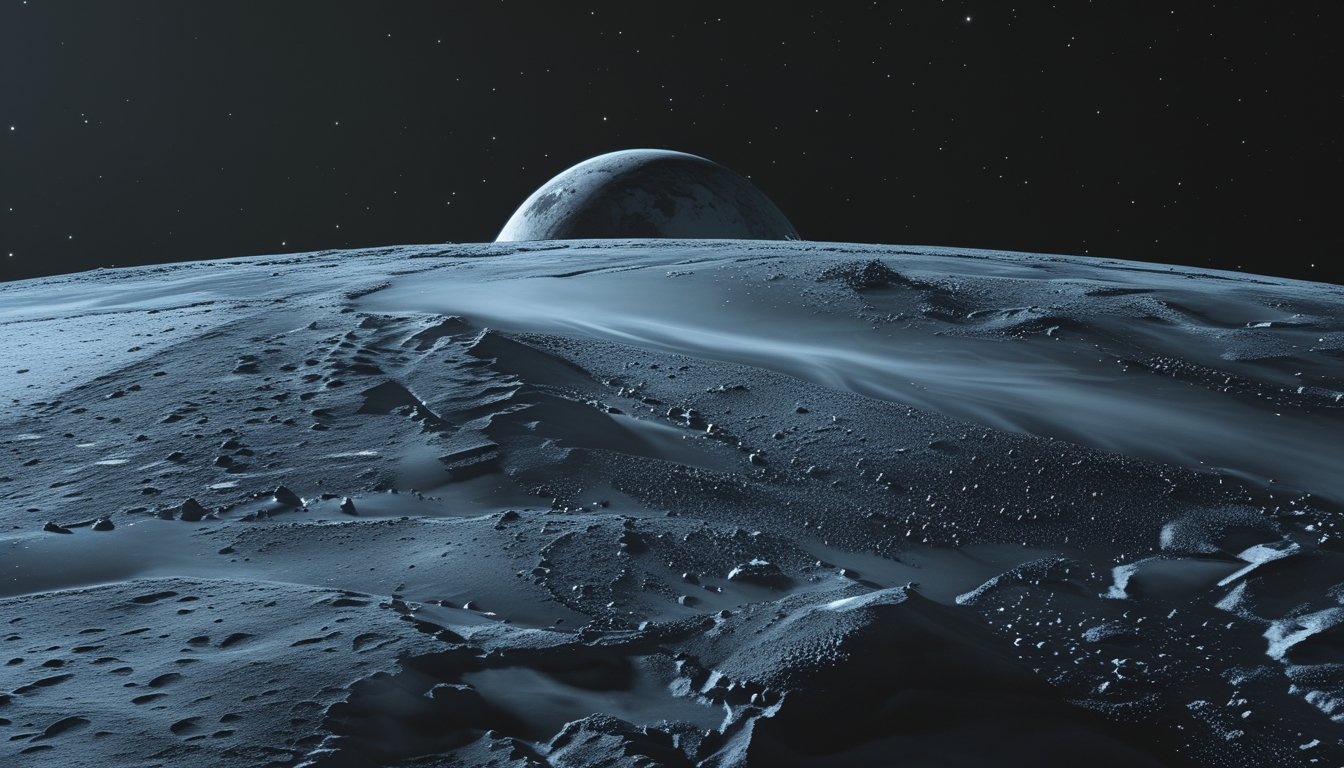 Gambaran planet kerdil Pluto dengan permukaan es yang kasar dan fitur geologi seperti gunung dan kawah, di latar belakang ruang angkasa gelap dengan bintang-bintang.