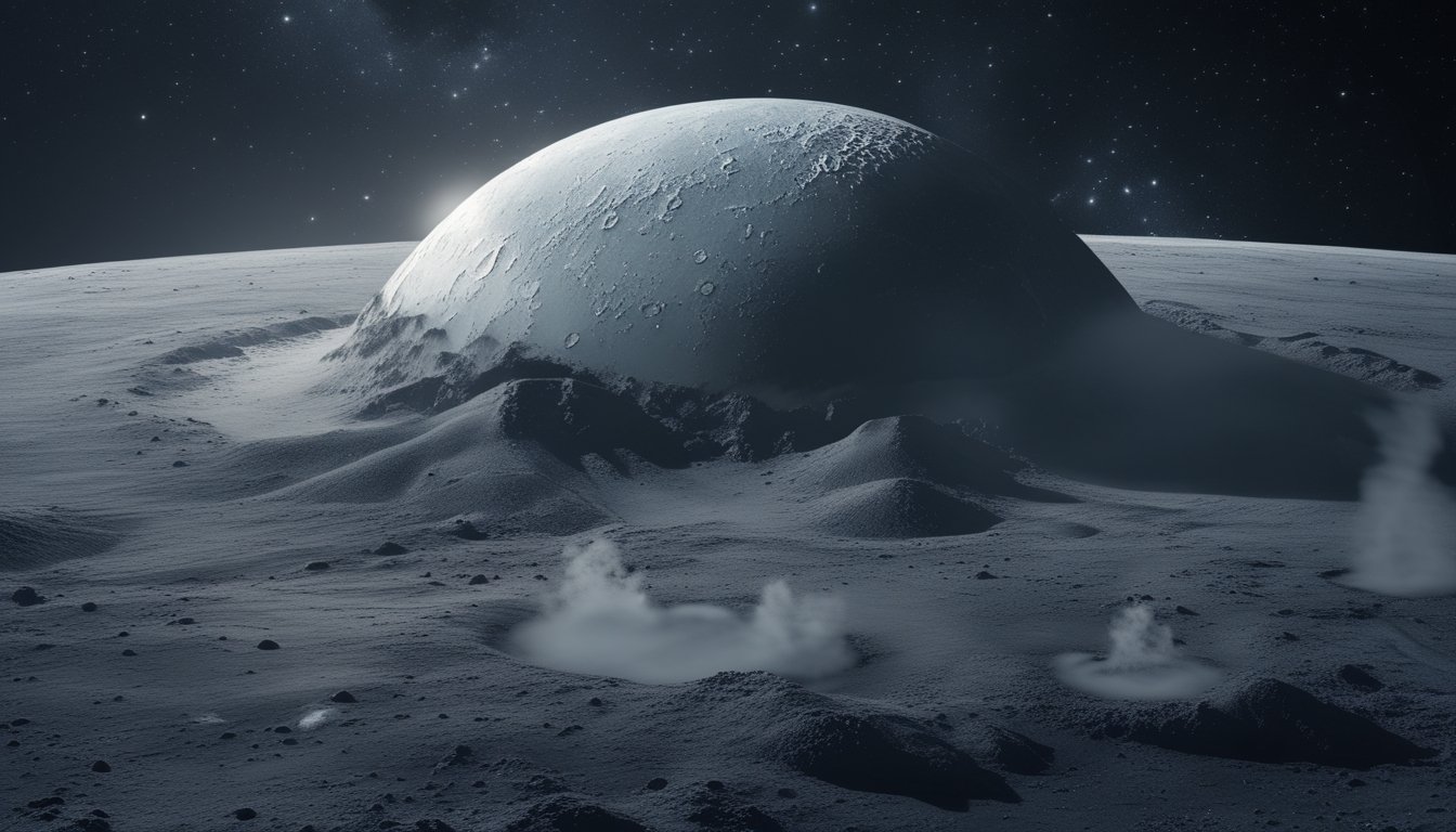 Gambaran planet kerdil Pluto di luar angkasa dengan permukaan bertekstur, gunung es, dan retakan yang menunjukkan aktivitas geologi.