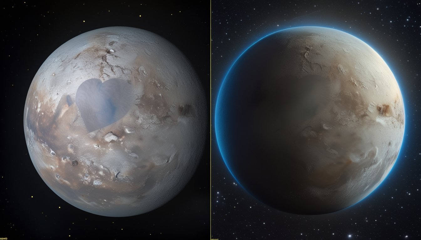 Gambar perbandingan Pluto tahun 2015 dan 2026 dengan permukaan es dan atmosfer yang berbeda di latar luar angkasa.